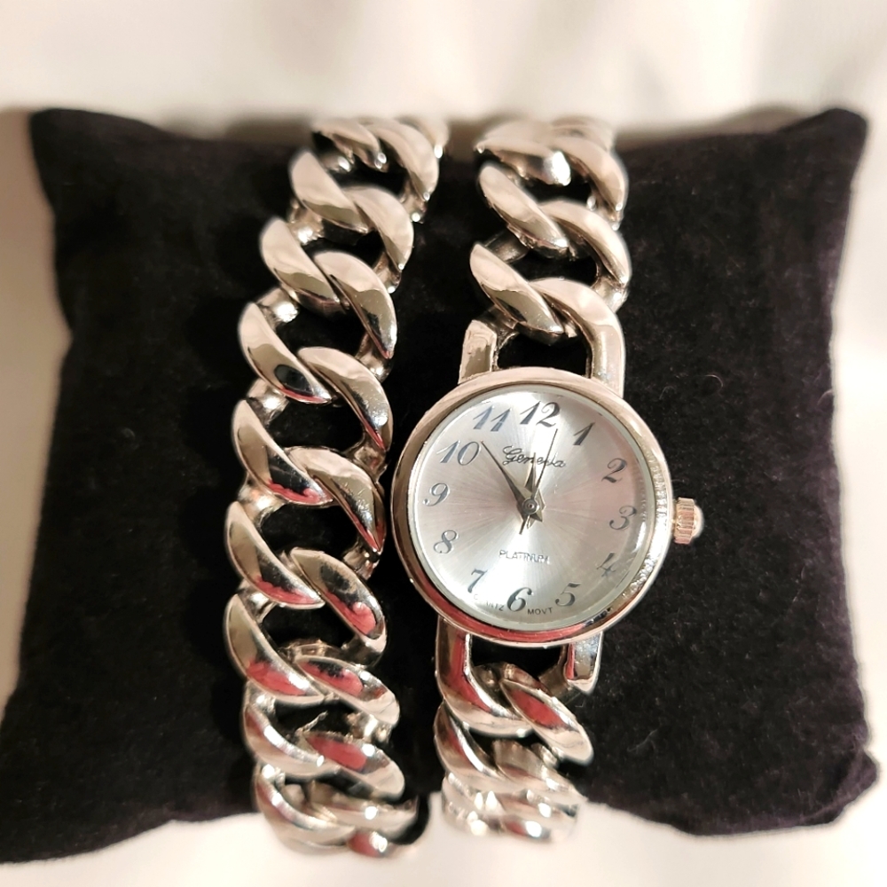Geneva Silver tone chain lynx wrap watch